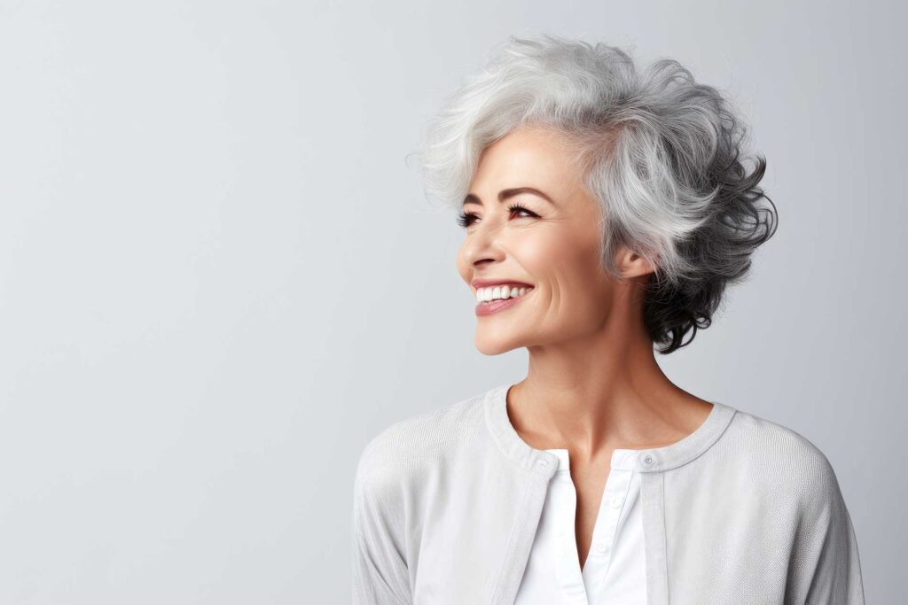 elderly woman smiling and showing off her teeth