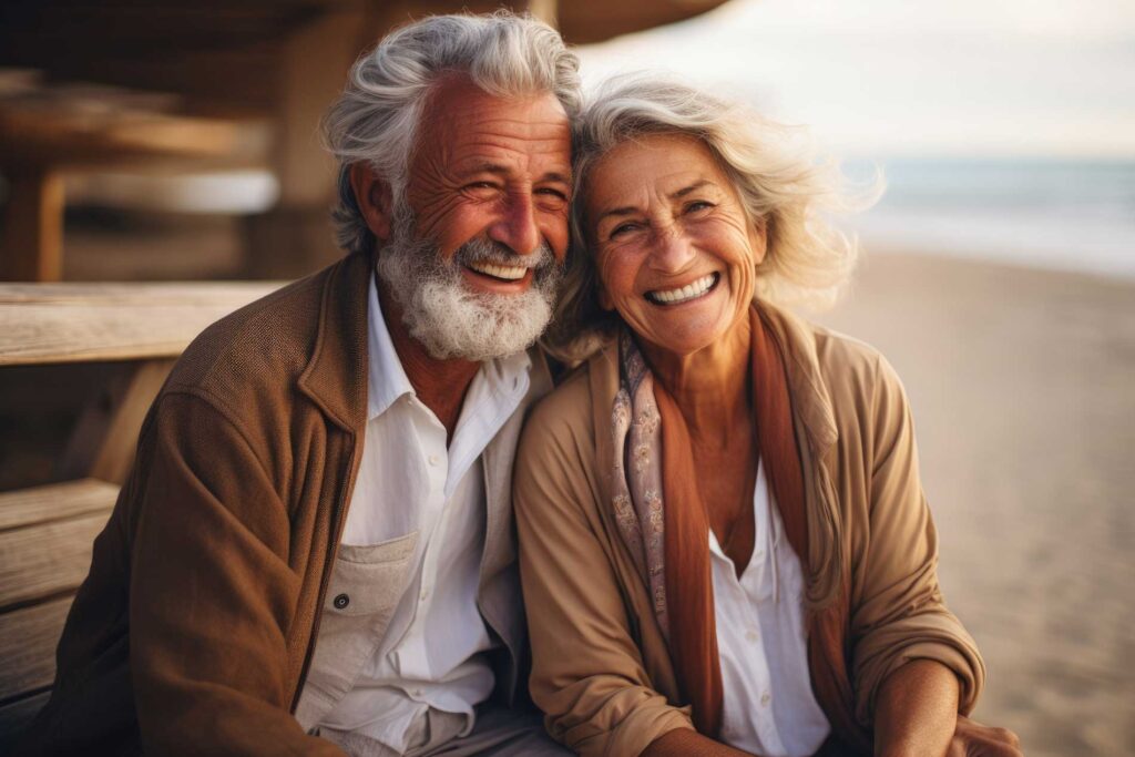 senior couple on a beach smiling