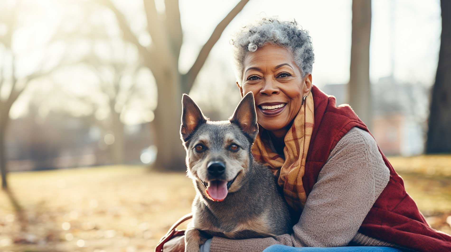 senior smiling with her dog outside