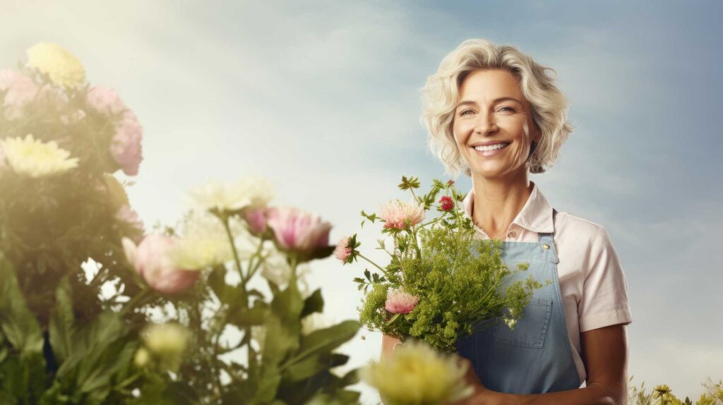 smiling lady surrounded by flowers