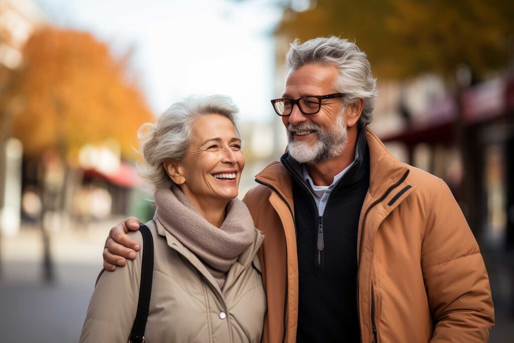 couple walking while smiling outside