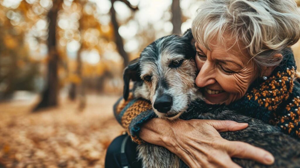senior lady hugging her dog outside and smiling